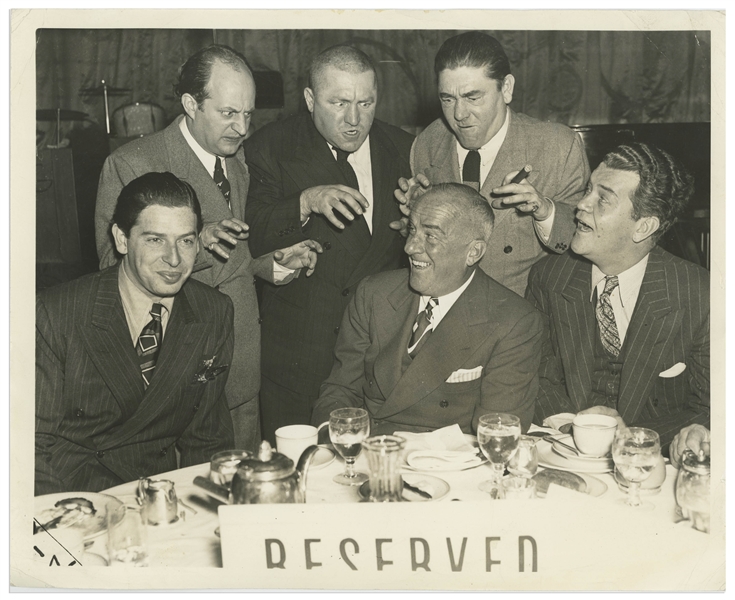10 x 8 Glossy Photo, Circa 1940, of Moe, Larry & Curly Giving Milton Berle, Jay C. Flippen & a Person Originally Noted as Harry Hirschfield the Treatment -- Very Good Condition